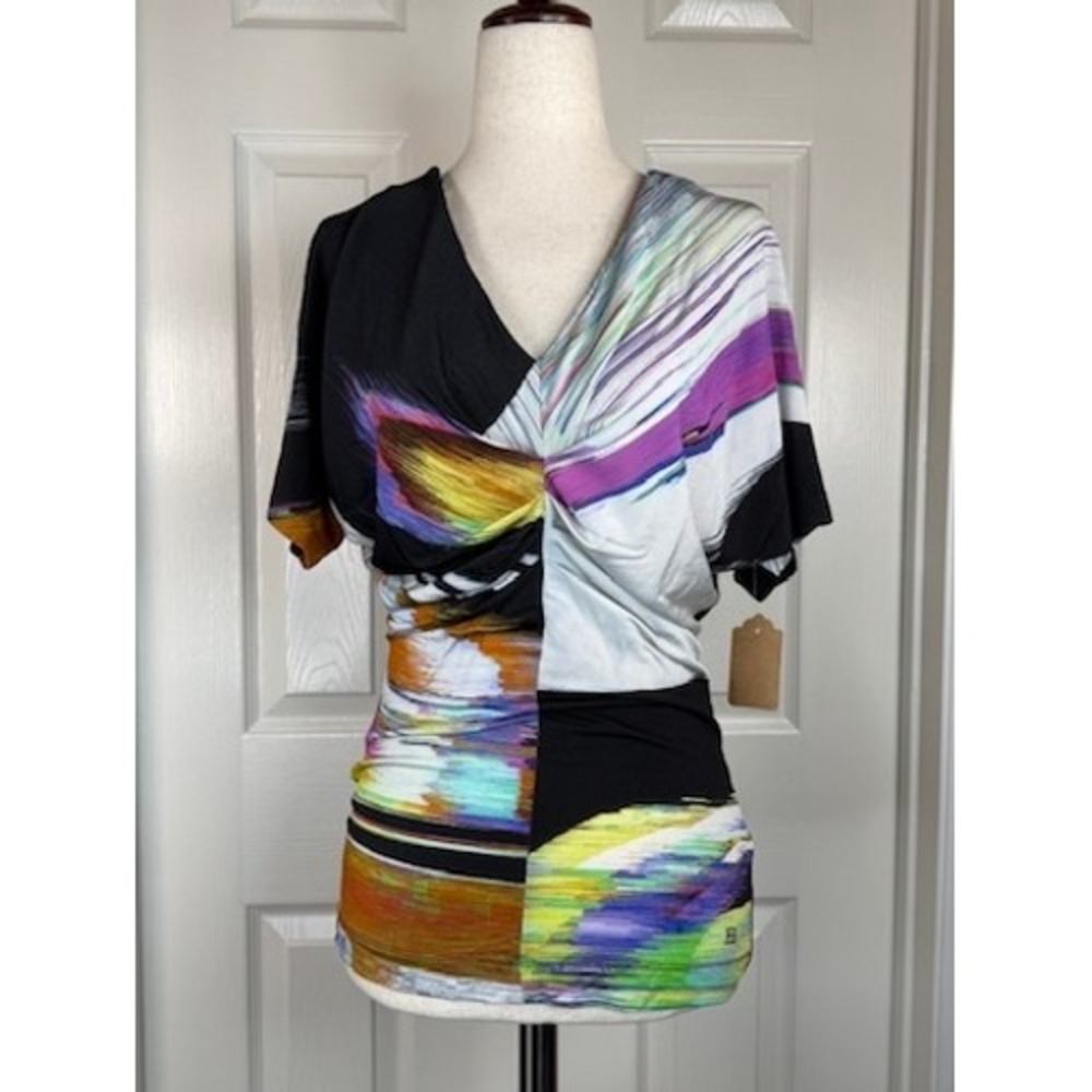 Escada Womens Small Abstract Print Twisted V-Neck Short Sleeve Top Black Multi